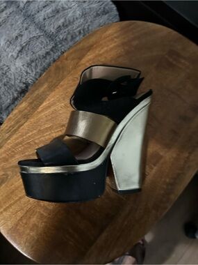 Paris Hilton Black and Gold Platform High Heel Sandal